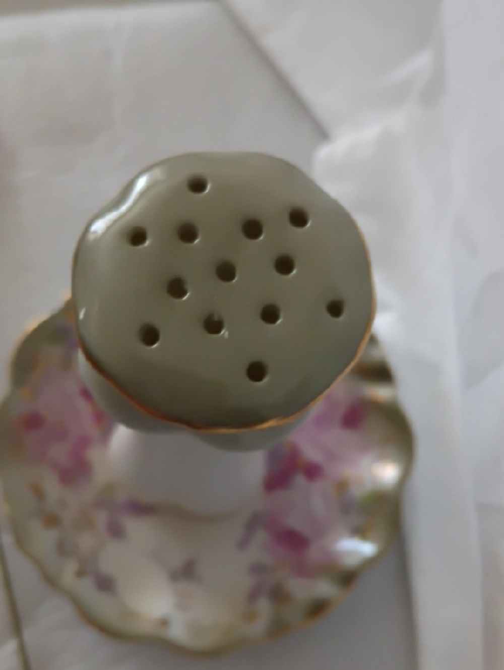 Vintage Porcelain Floral Hatpin Holder with Pink and Gold Accents - Picture 7 of 10